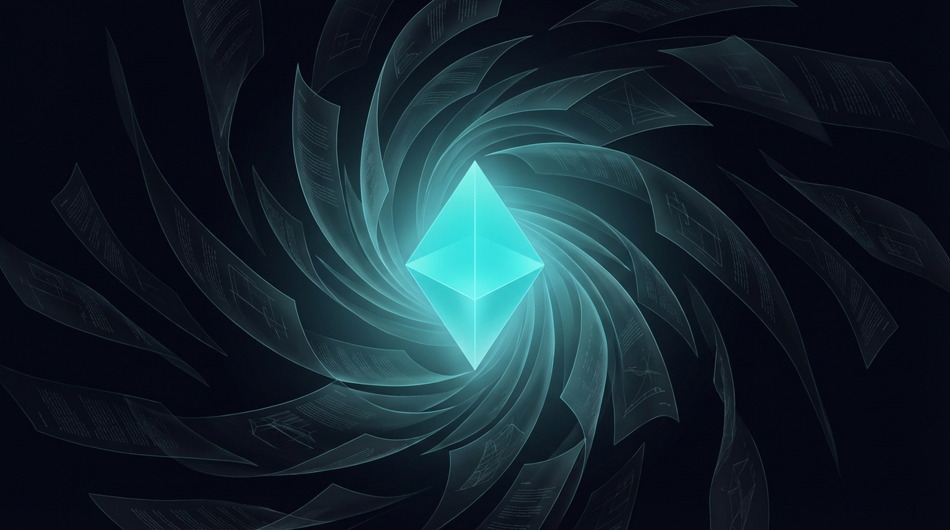 Hundreds of research pages converging into a single luminous prism - knowledge distilled into taste