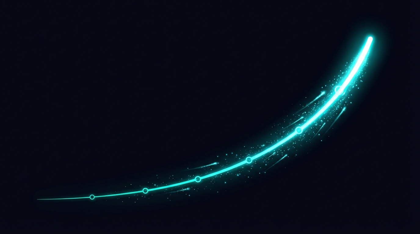 An exponential growth curve with glowing milestone markers along its path
